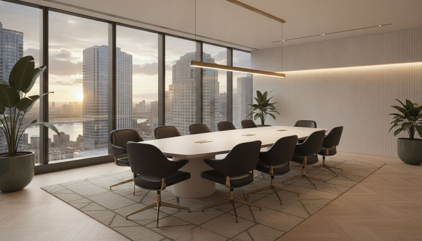 Boardroom with a boat shaped oak table, leather conference chairs and a city view at dusk