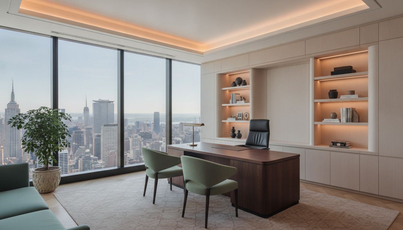 Corner executive office with a walnut desk and the New York City skyline through the glass