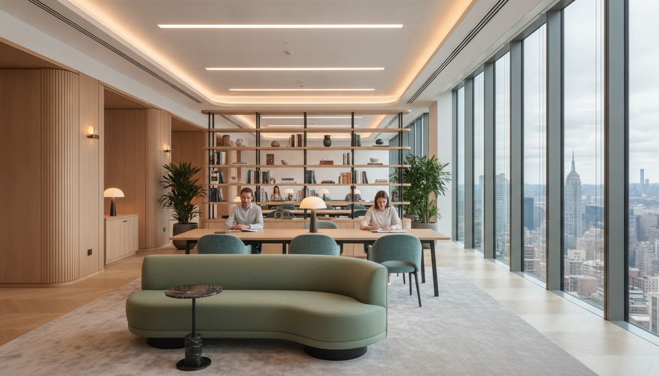 Executive floor lounge with a sage green banquette and the Manhattan skyline through floor to ceiling glass