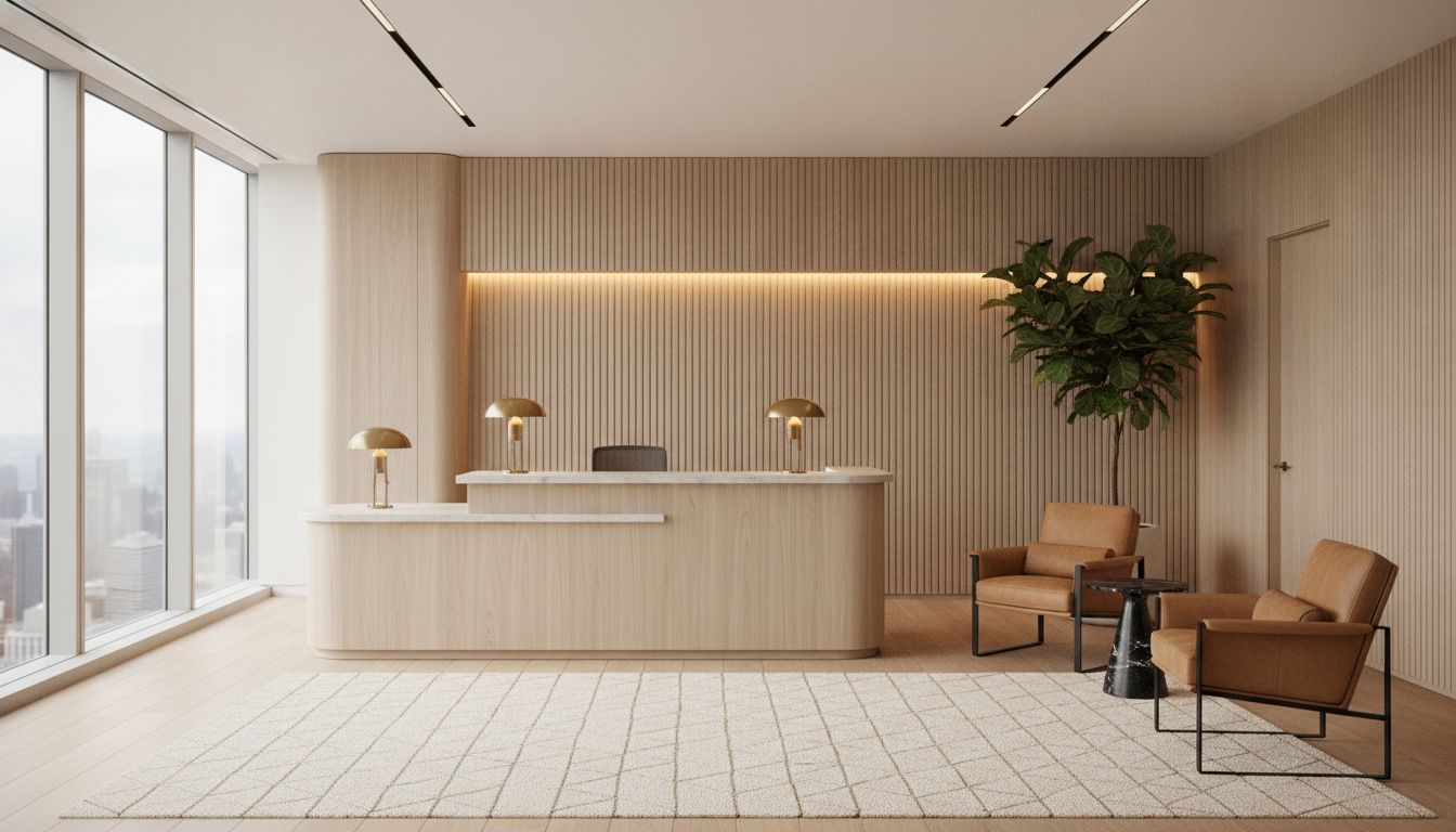 Reception with a curved white oak desk, stone top and lit fluted oak slat wall