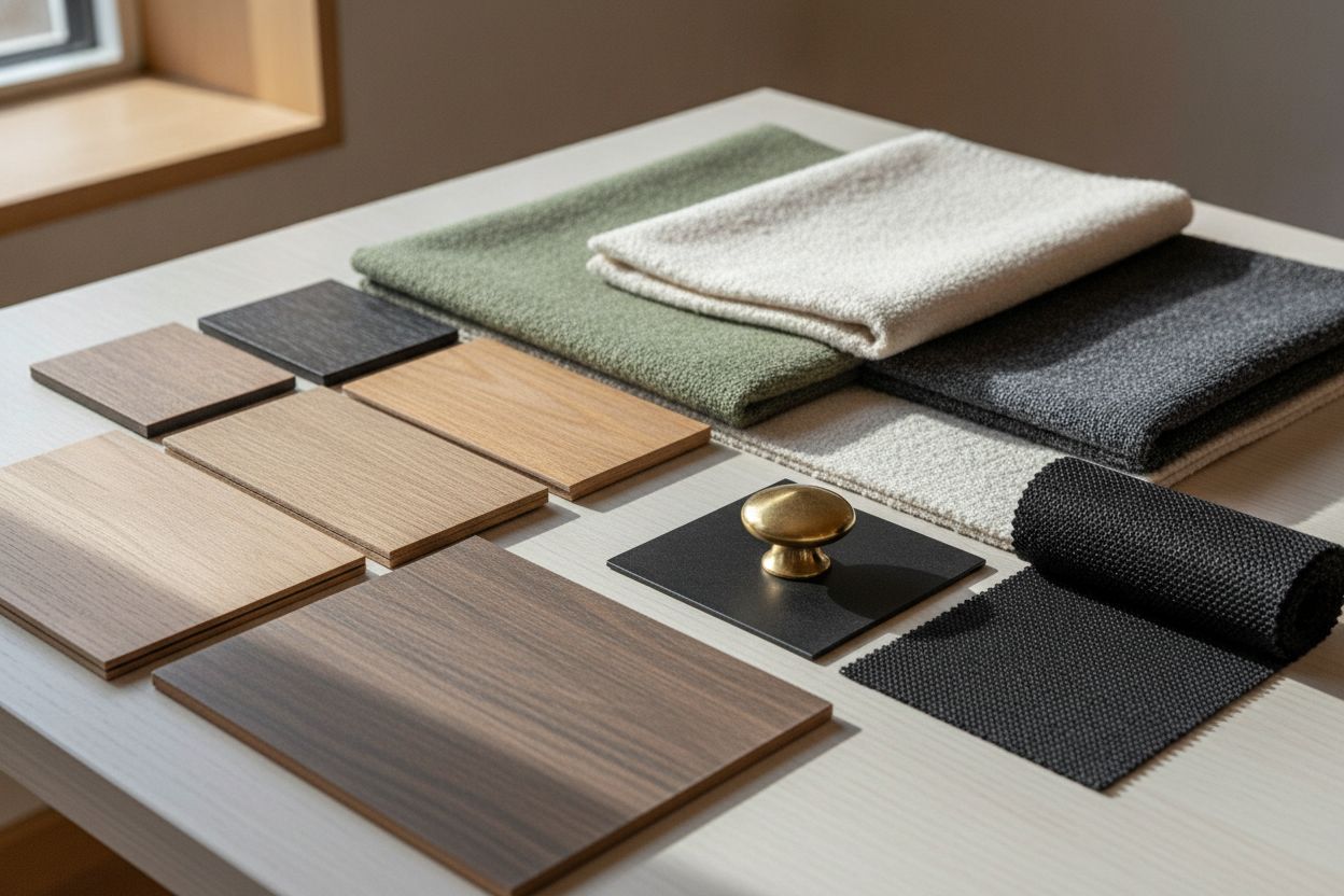 Laminate chips, veneer samples and wool and boucle fabric swatches laid out on an oak table