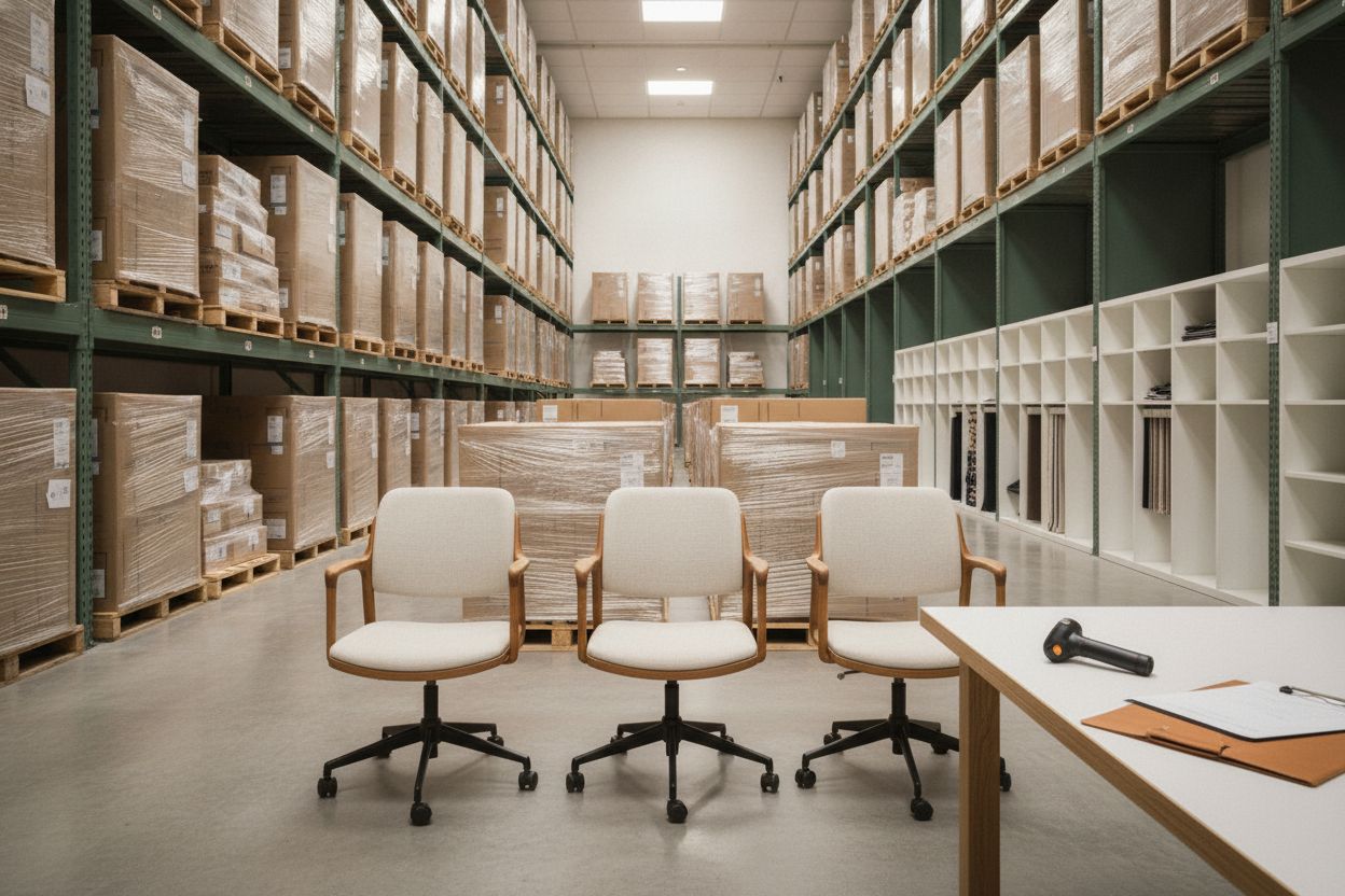 Contract furniture cartons stacked on pallets in a clean warehouse with chairs staged at the front