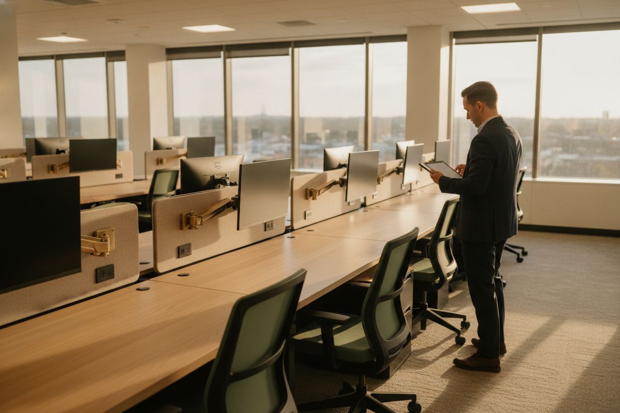 Final walkthrough on a finished floor of oak benching workstations in late afternoon light